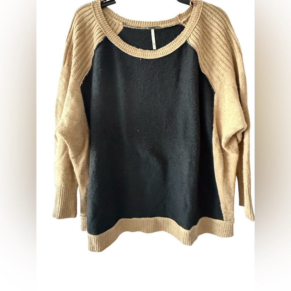 Free People Raglan Black Tan Color Block Pullover